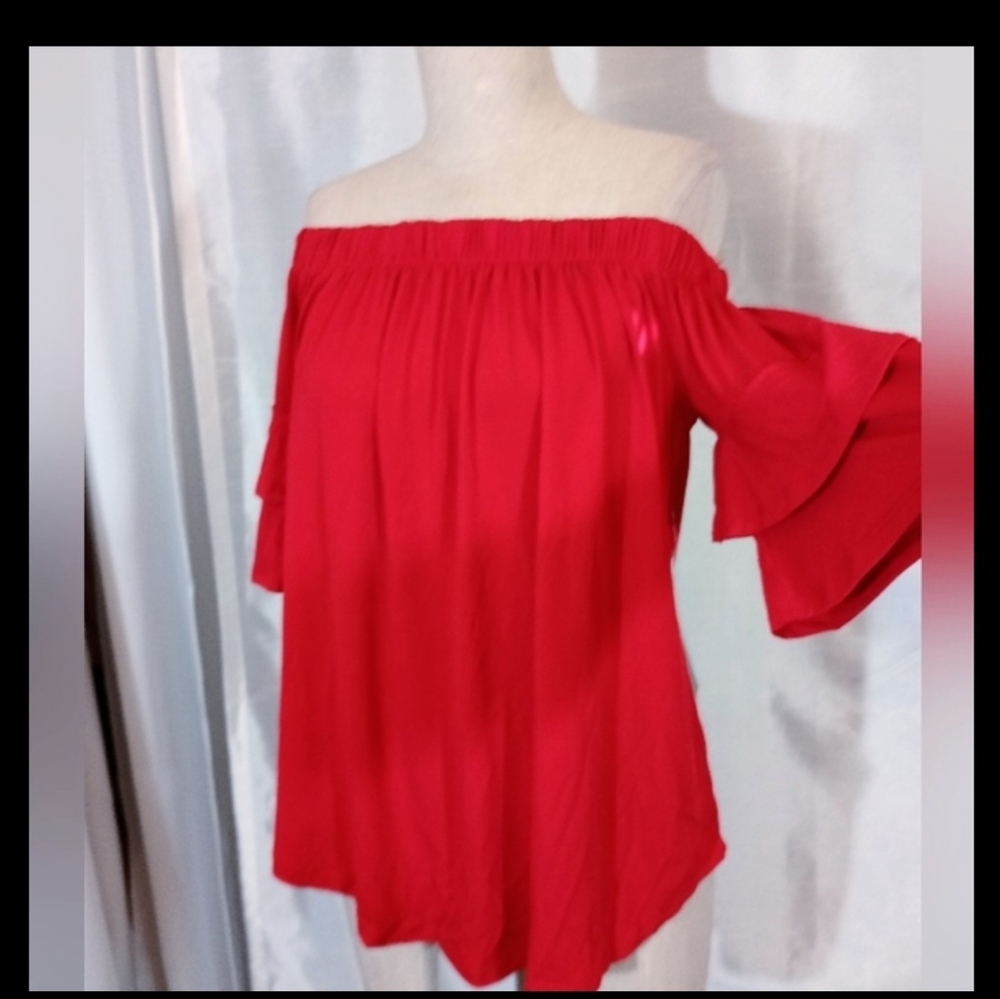 Moa Moa TAG Blouse, Off-The Shoulder, Bell 1/2  Sleeve Women, Red, Elastic, M
